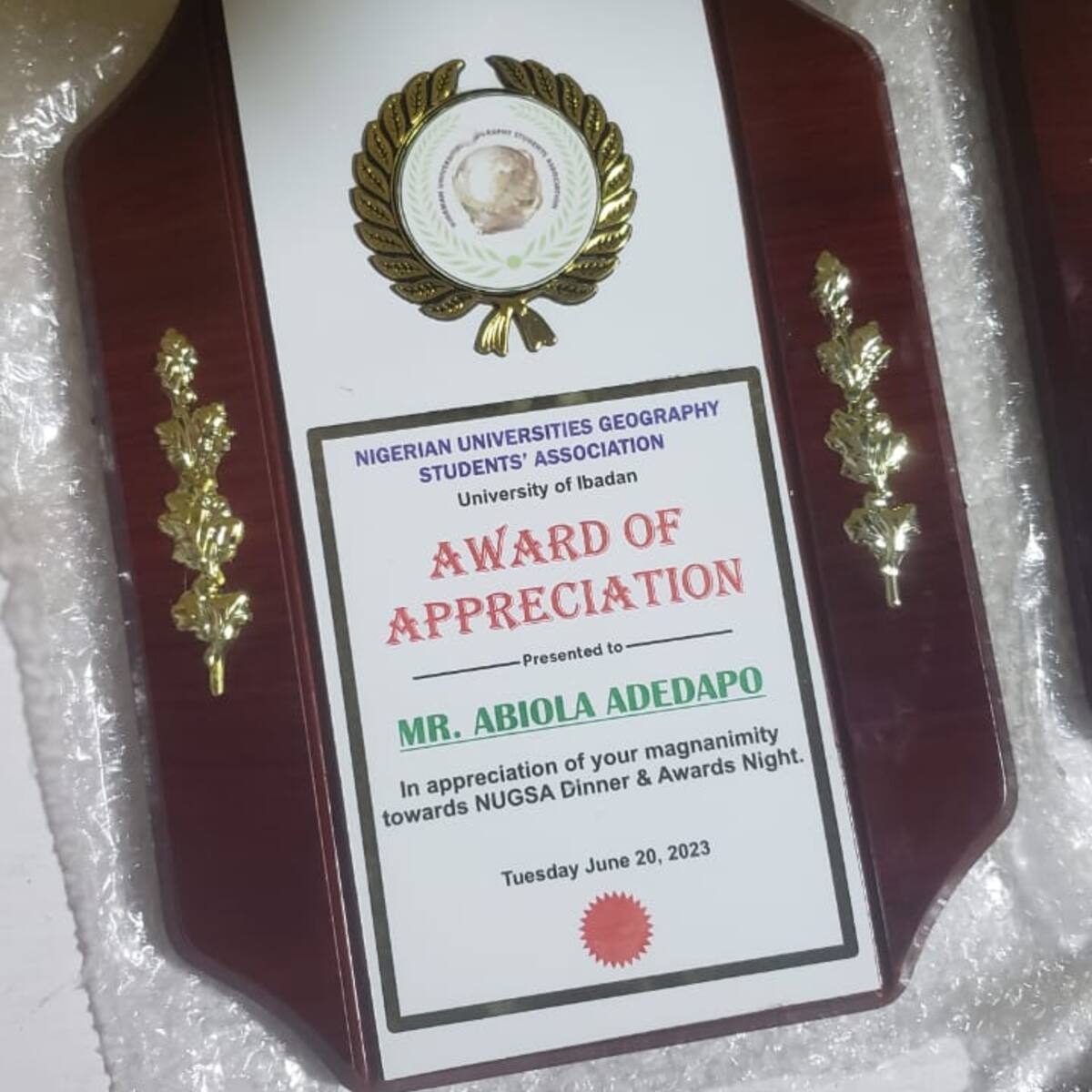 Finished wooden award plaque by Waaprint
